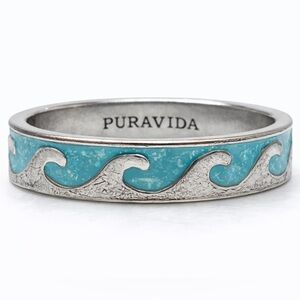 Pura Vida Wave Ring Size 8 Turquoise Enamel Silver Tone Beach Ocean Band